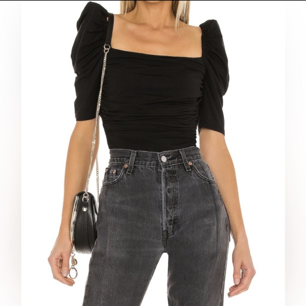 FRAME Betty Knitted Black Noir Square Neck Ruched Puff Sleeve Top Shirt - Picture 7 of 16